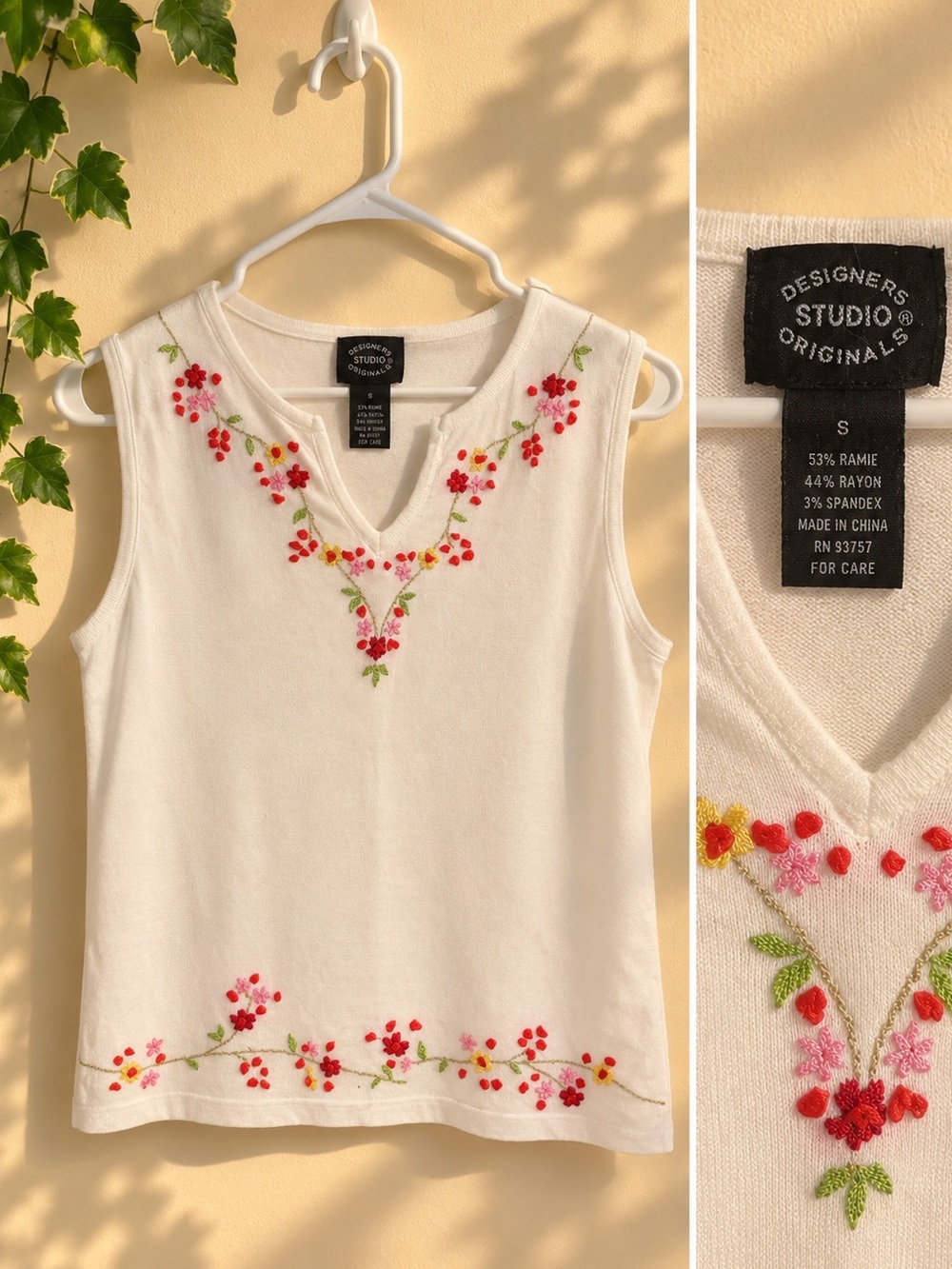 Designers Originals White Sleeveless Tank with Embroidered Floral Trim